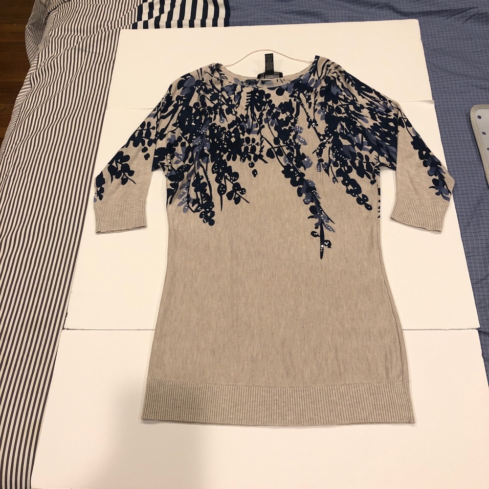 INC International Concepts Beige & Blue Floral Rhinestone  Tunic Sweater Size M